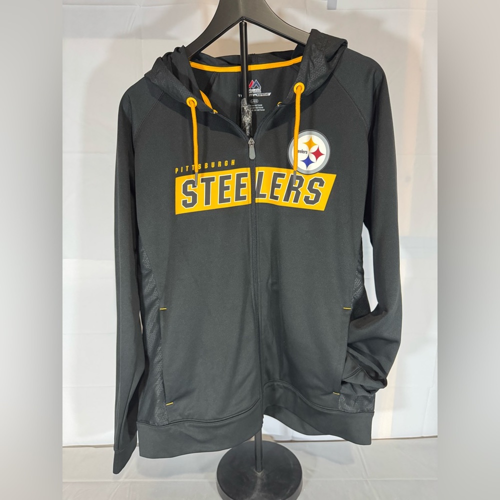 Pittsburgh Steelers Majestic Black Front Zippered Hooded Jacket Size Large NWOT